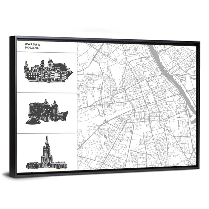 Warsaw Map with Skyline Silhouettes Wall Art as a framed canvas