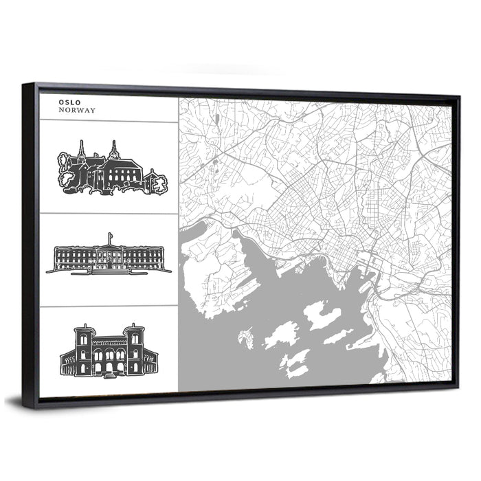 Oslo Map with Harbor Illustrations Wall Art as a framed canvas