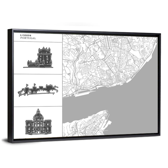 Lisbon Map with Architectural Icons Wall Art as a framed canvas
