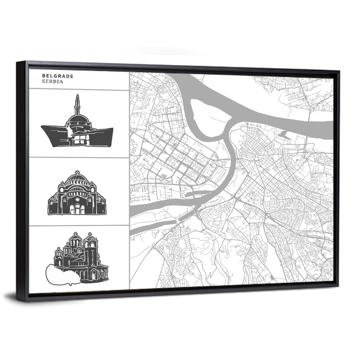 Belgrade Riverfront Map Wall Art as a framed canvas