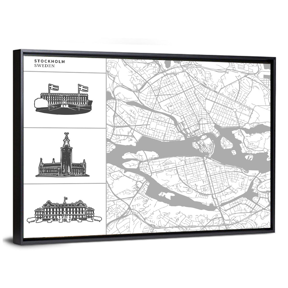 Stockholm Map with Architectural Illustrations Wall Art