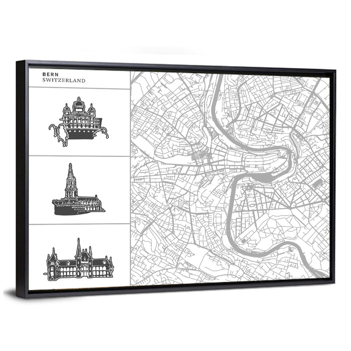 Bern Map and Skyline Wall Art as a framed canvas