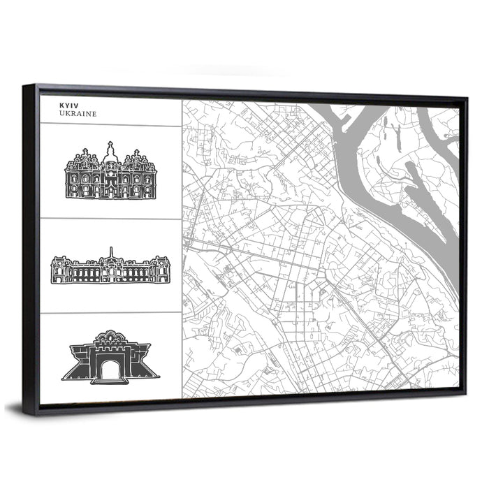 Kyiv Map with Cathedral Silhouettes Wall Art as a framed canvas