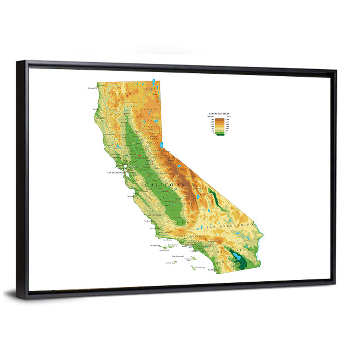 California Topographic Map Wall Art as a framed canvas