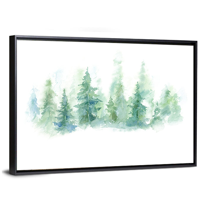 Misty Pine Forest Watercolor Wall Art as a framed canvas