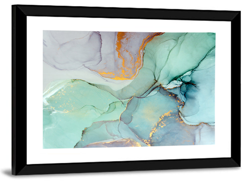 Teal Ink Marbling with Gold Veins Wall Art