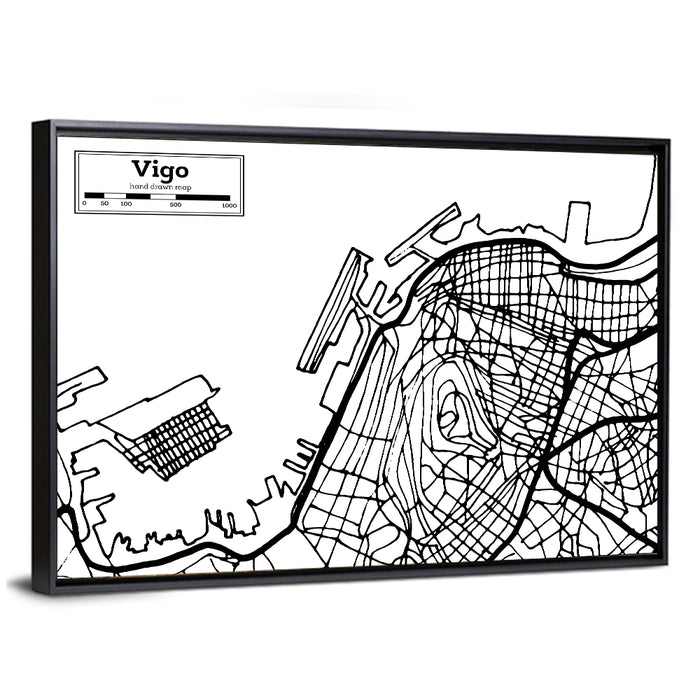 Vigo Aerial Map, Hand-drawn Wall Art as a framed canvas
