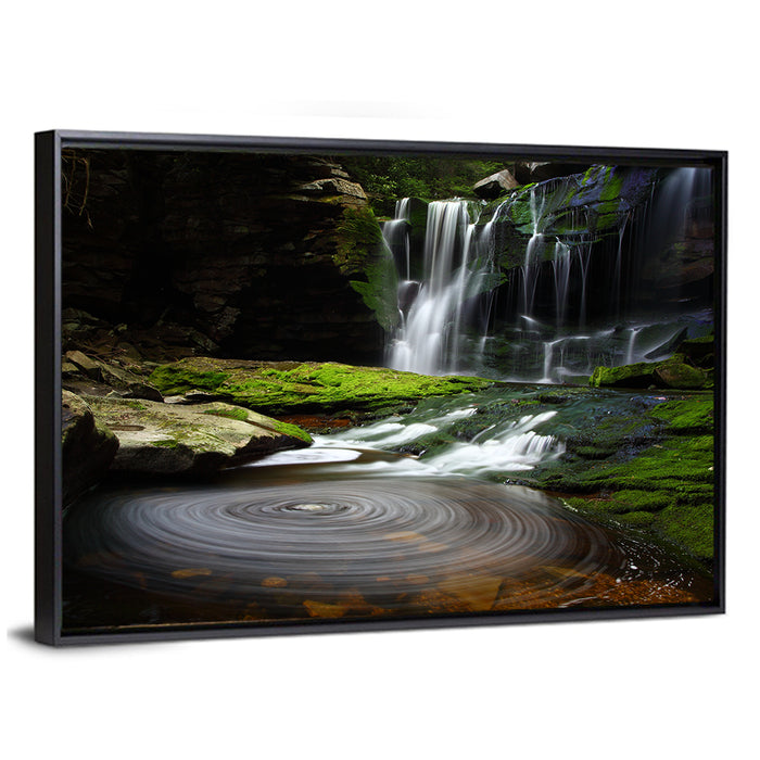 Forest Waterfall with Swirling Pond Wall Art as a framed canvas