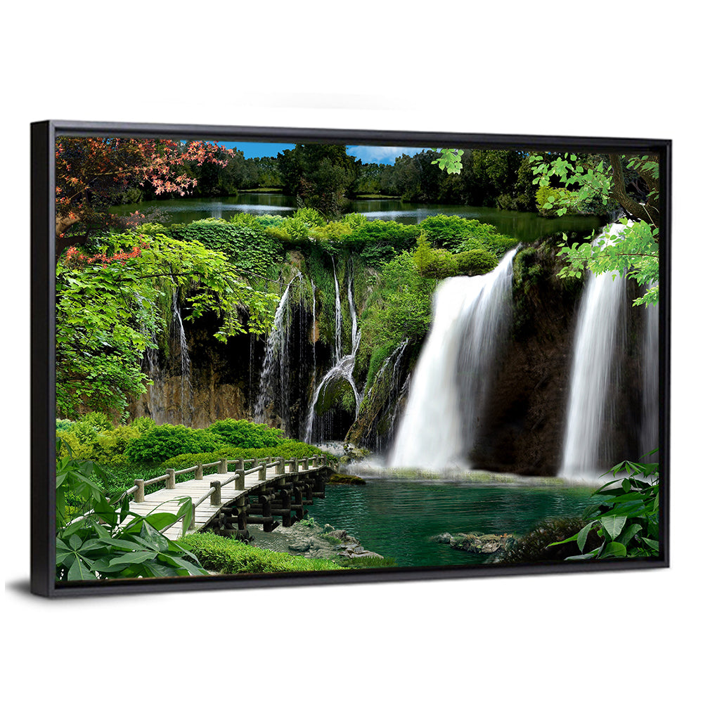 Wooden Bridge and Forest Waterfall Wall Art