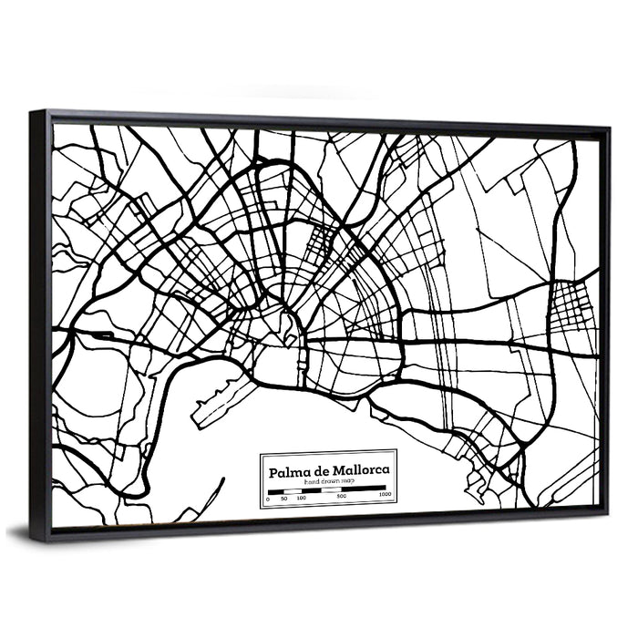 Minimalist Palma De Mallorca Map Wall Art as a framed canvas
