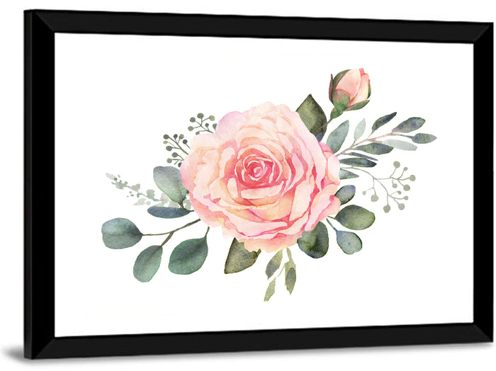 Pink Rose and Eucalyptus Bouquet Wall Art as a framed print