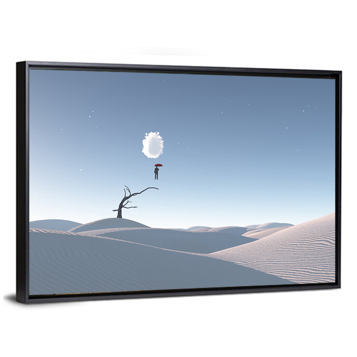 Surreal Desert with Red Umbrella Wall Art as a framed canvas