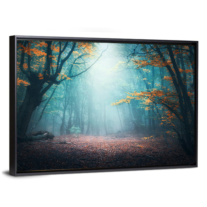 Misty Forest Path with Glowing Light Wall Art as a framed canvas