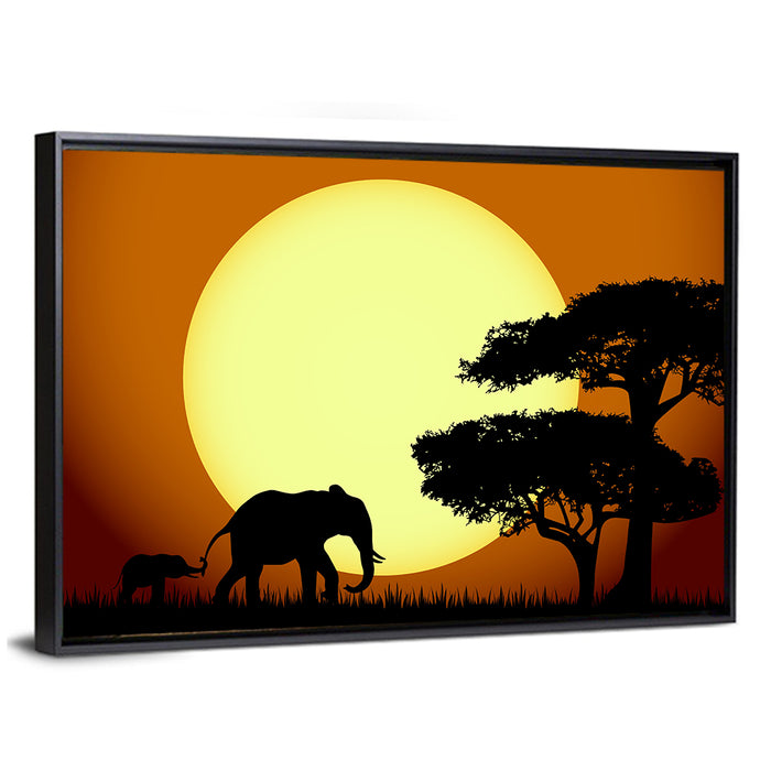 Savanna Sunset Elephants Wall Art as a framed canvas
