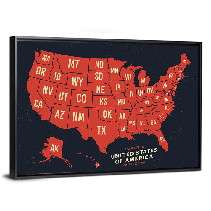 Vintage United States Map Wall Art as a framed canvas