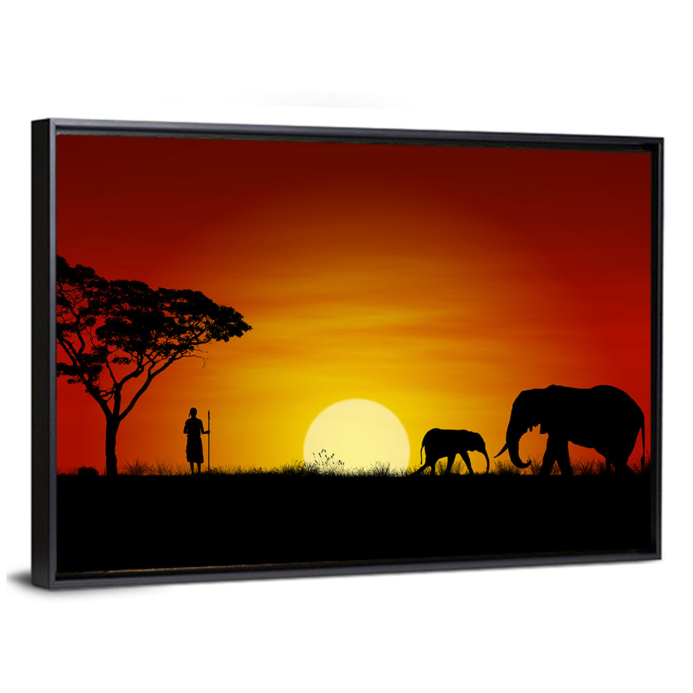 Massai Warrior and Elephants at Sunset Wall Art