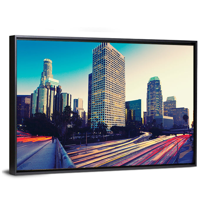 Los Angeles Night Skyline with U.s. Bank Tower Wall Art as a framed canvas