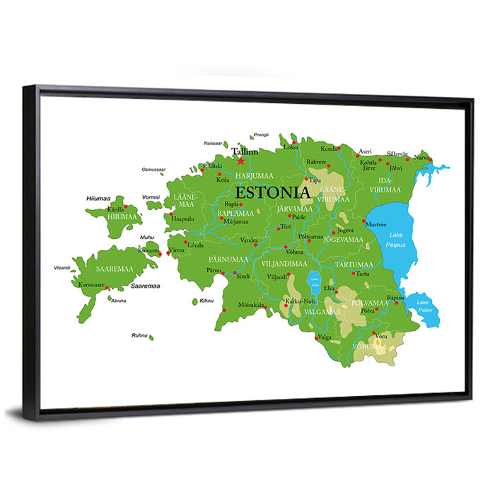 Estonia Physical Map Wall Art as a framed canvas