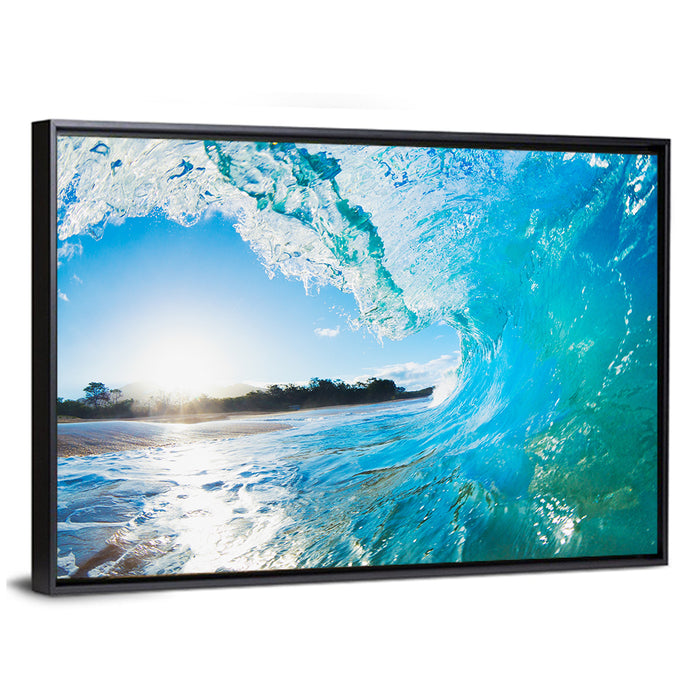 Inside a Breaking Blue Wave Wall Art as a framed canvas
