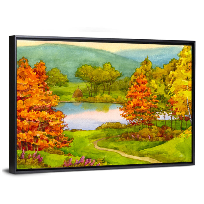 Autumn Lake with Winding Path Wall Art as a framed canvas