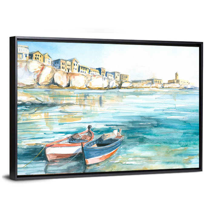 Two Boats Coastal Watercolor Wall Art as a framed canvas