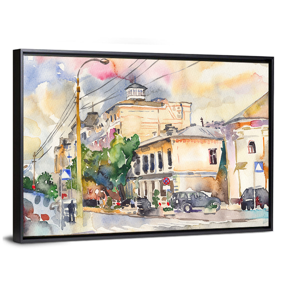 Sunlit City Street Watercolor Wall Art