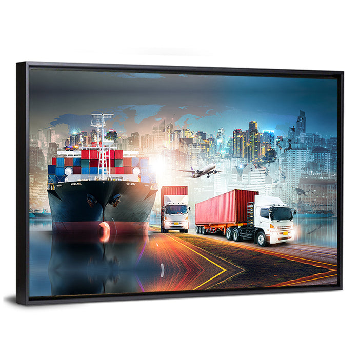 Global Logistics Nightscape Wall Art as a framed canvas