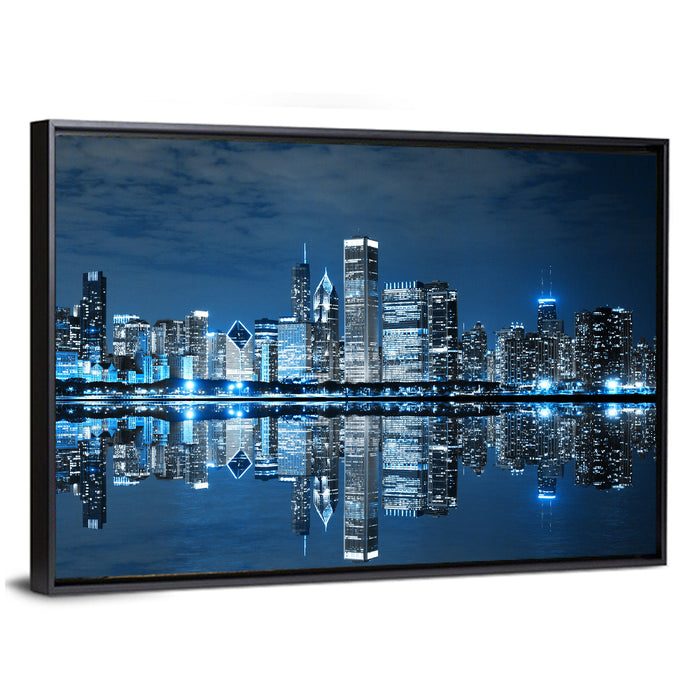 Chicago Skyline at Night Wall Art as a framed canvas