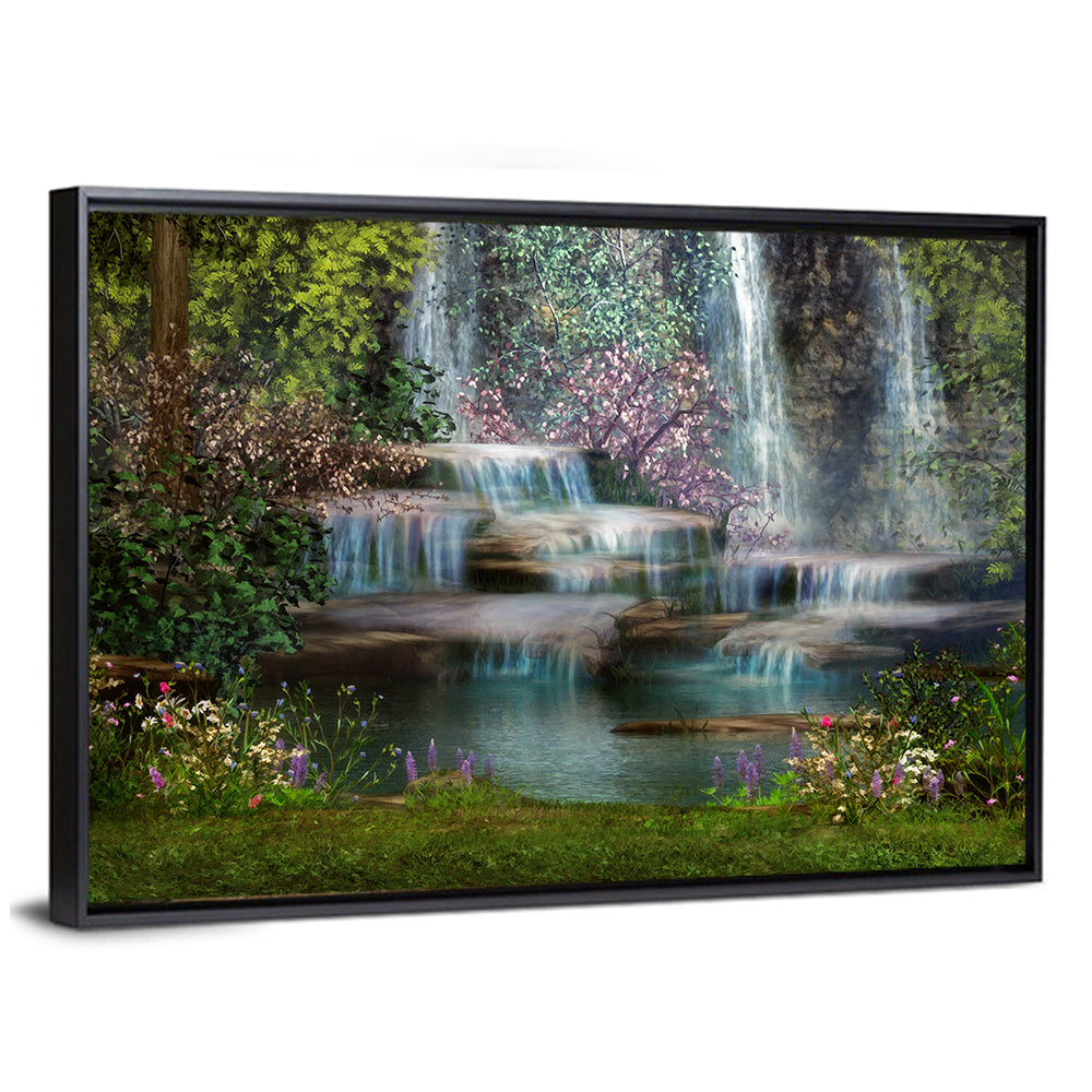 Multi-tier Jungle Waterfall with Pink Blossoms Wall Art