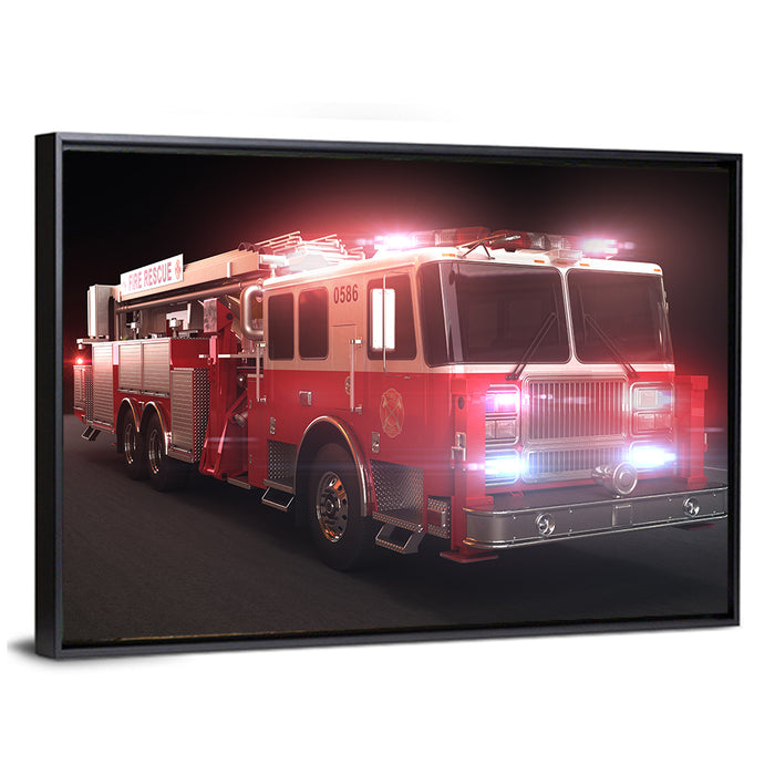 Fire Rescue Truck at Night Wall Art as a framed canvas