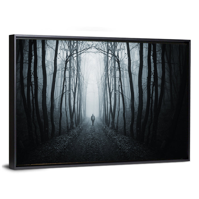 Strange Foggy Forest Path Wall Art as a framed canvas