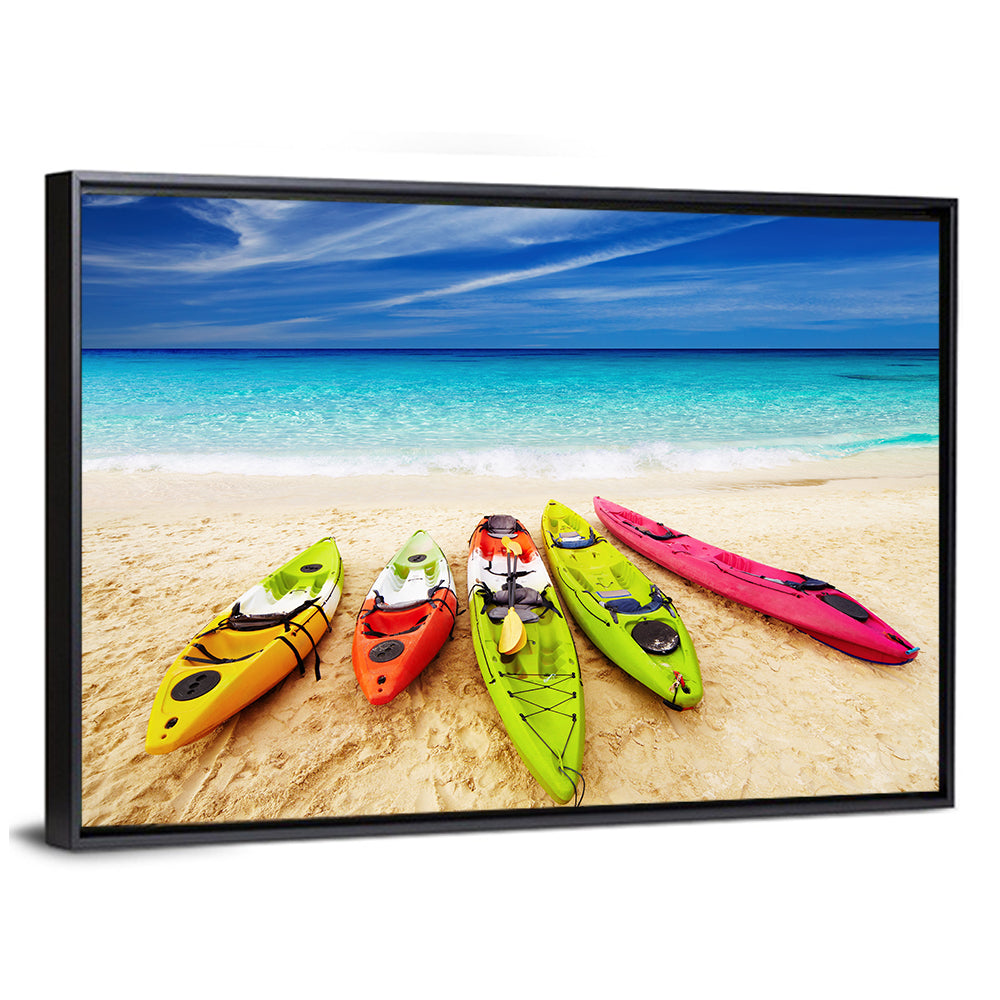 Five Colorful Kayaks on White Sand Wall Art