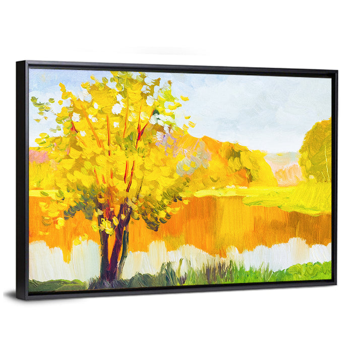Autumn Tree and Lake Wall Art as a framed canvas