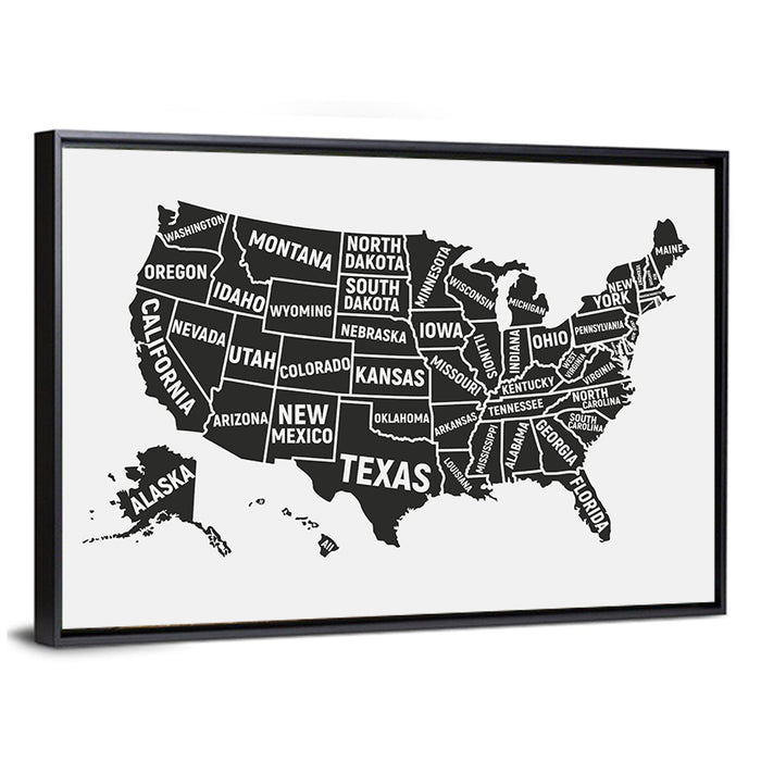 United States Map Silhouette Wall Art as a framed canvas