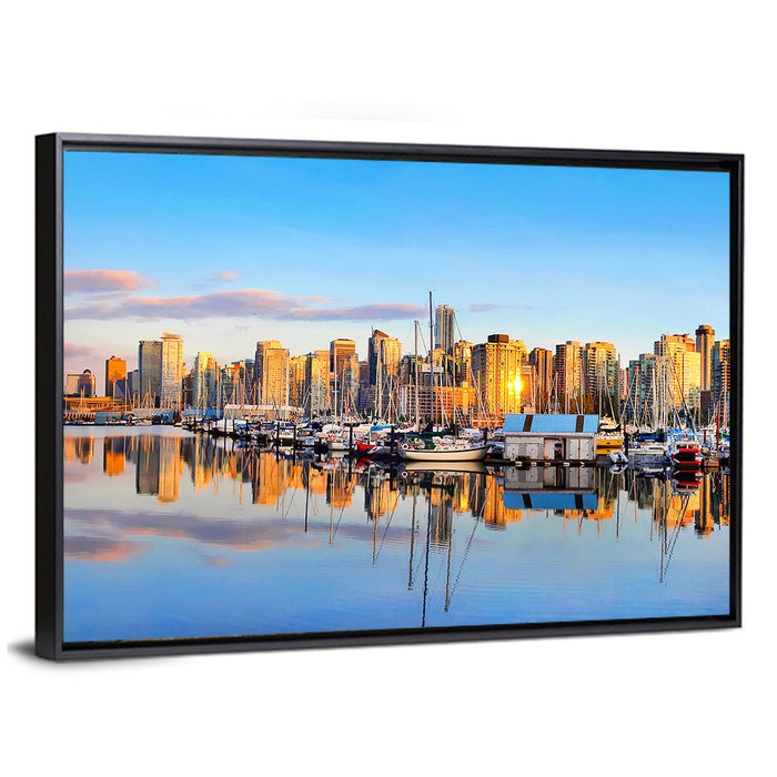 Vancouver Coal Harbour Sunset Skyline Wall Art as a framed canvas