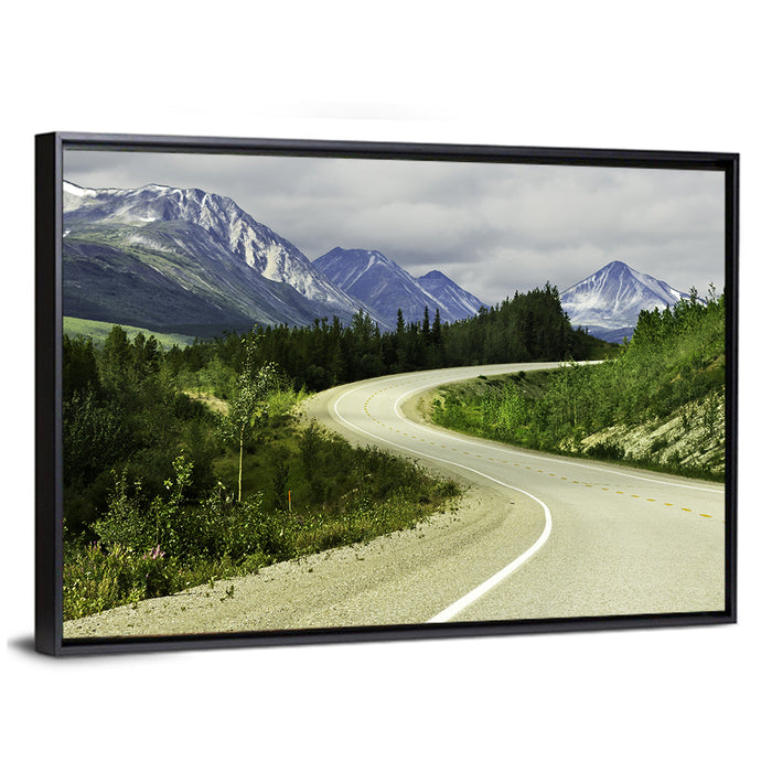 Winding Road to Snow Capped Alaskan Peaks Wall Art as a framed canvas