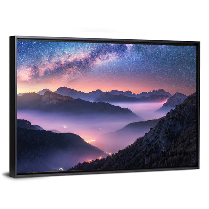 Misty Italian Mountains Under the Milky Way Wall Art as a framed canvas