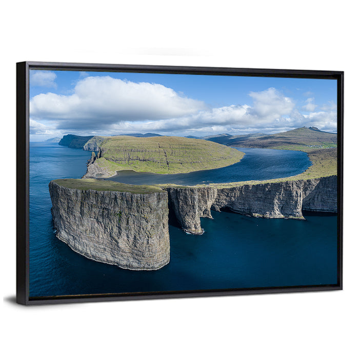 Sørvágsvatn Lake and Tralanipan Cliffs Wall Art as a framed canvas