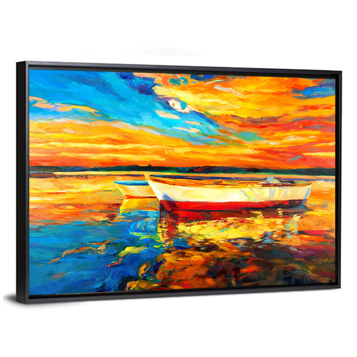 Boats at Golden Sunset Wall Art as a framed canvas