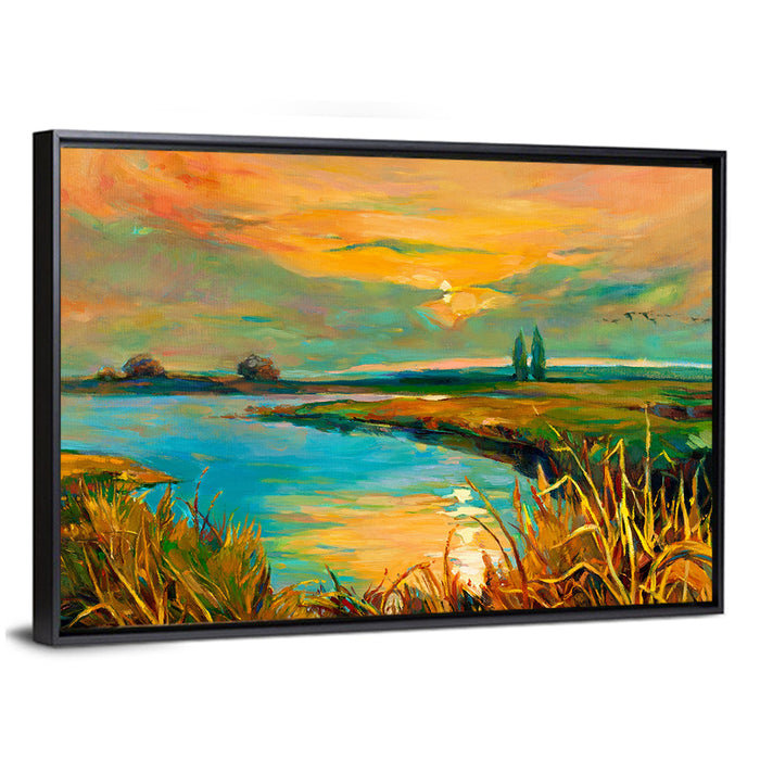 Rural Lake at Sunset Wall Art as a framed canvas