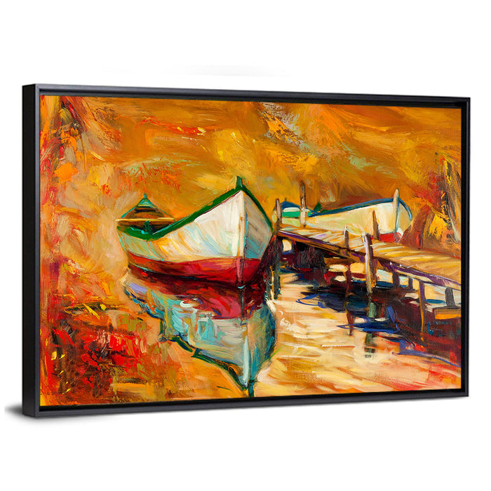 Boat at Jetty with Reflection Wall Art as a framed canvas
