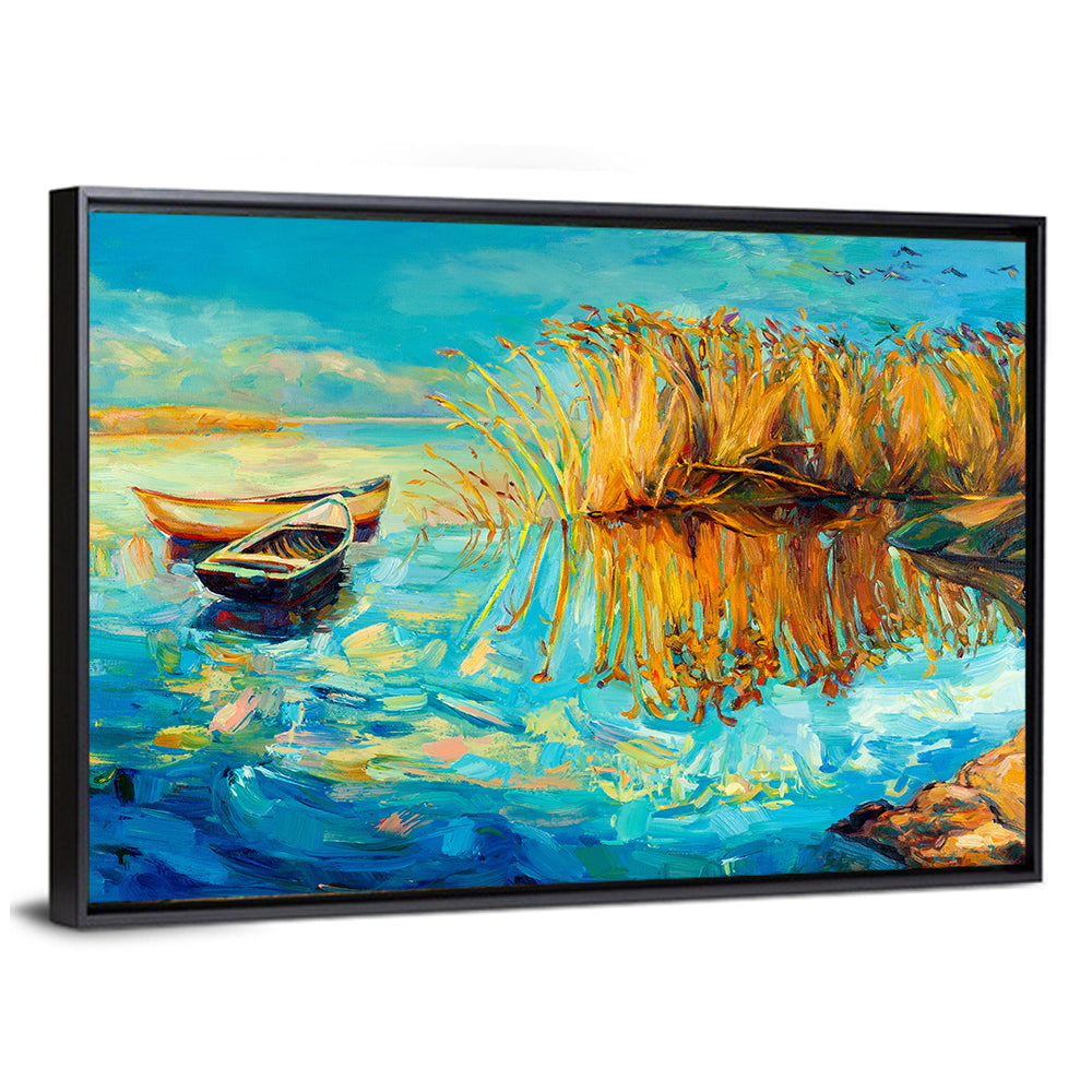 Rowboats and Reeds on Blue Lake Wall Art