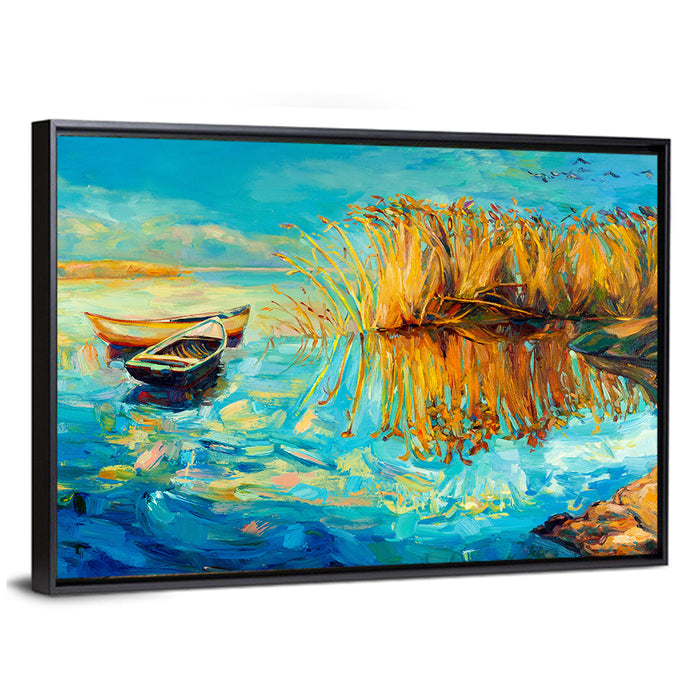 Rowboats and Reeds on Blue Lake Wall Art as a framed canvas