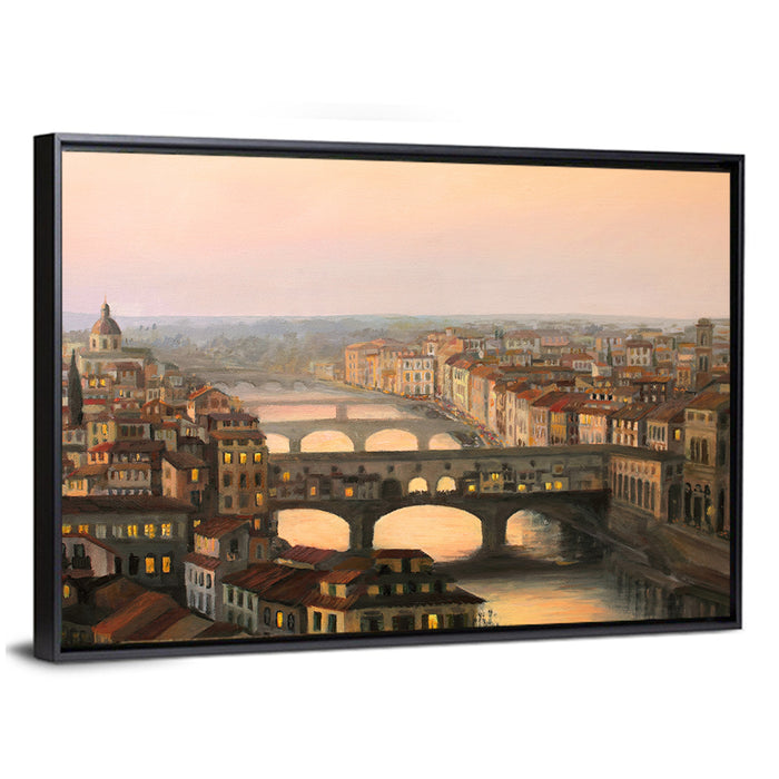 Florence Sunset Over Ponte Vecchio Wall Art as a framed canvas