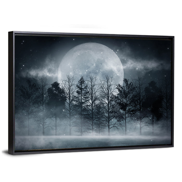 Full Moon Over Misty Forest Wall Art as a framed canvas