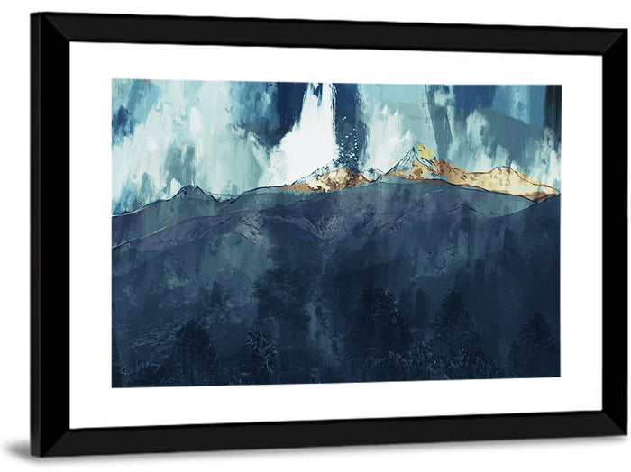 Backlit Mountain Range Wall Art as a framed print