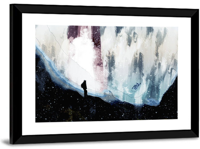 Silhouette on Cliff Over Waterfall Wall Art as a framed print