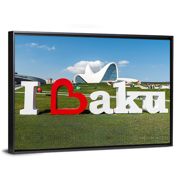 I Love Baku Sculpture at Heydar Aliyev Center Wall Art as a framed canvas