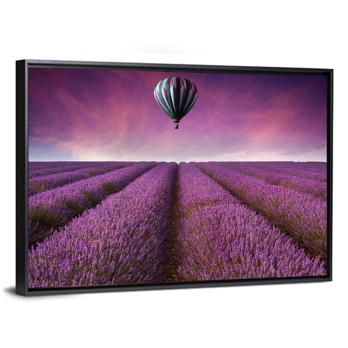 Hot Air Balloon Over Lavender Field Wall Art as a framed canvas