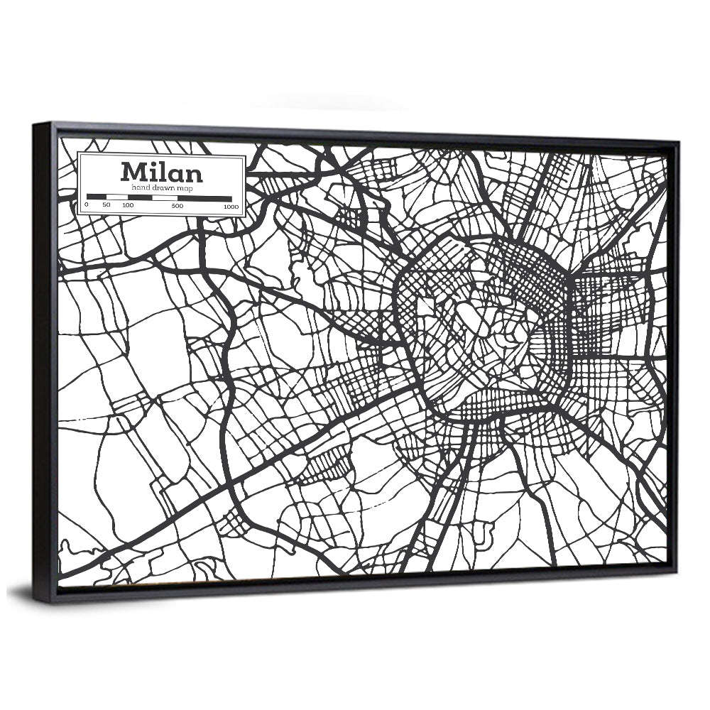Milan City Map Monochrome Wall Art
